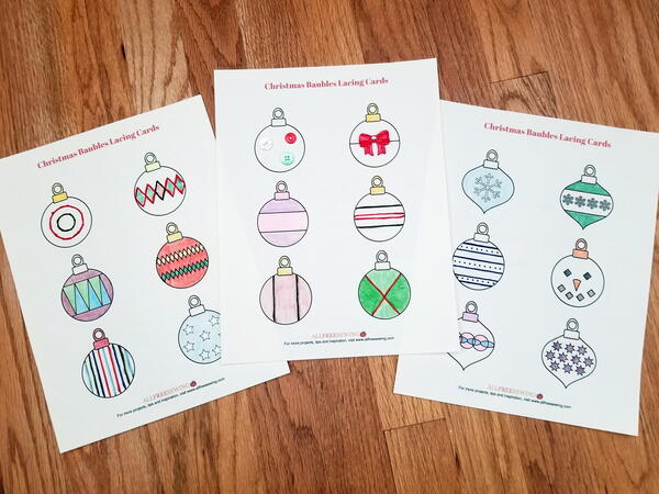 Finished Christmas Baubles Printable Lacing Cards